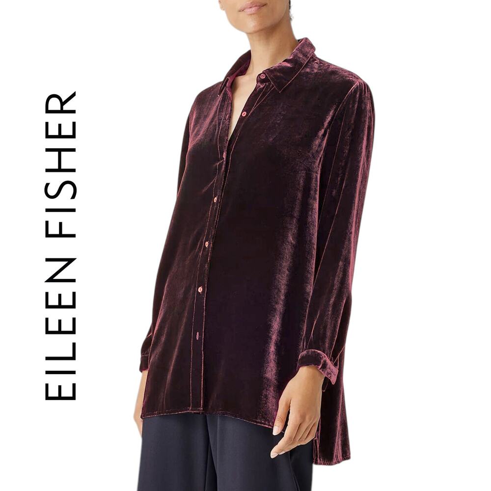 Eileen Fisher | XL | Velvet Classic Collar Long Button Up Shirt Dark Cranberry